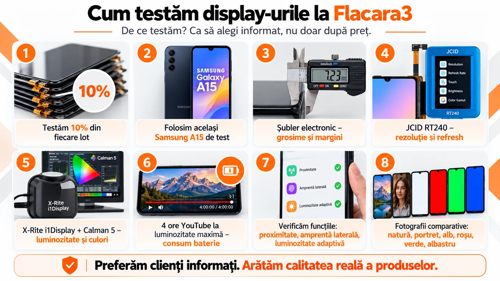 Cum testăm display-urile Samsung Galaxy A15 în atelierul Flacara3