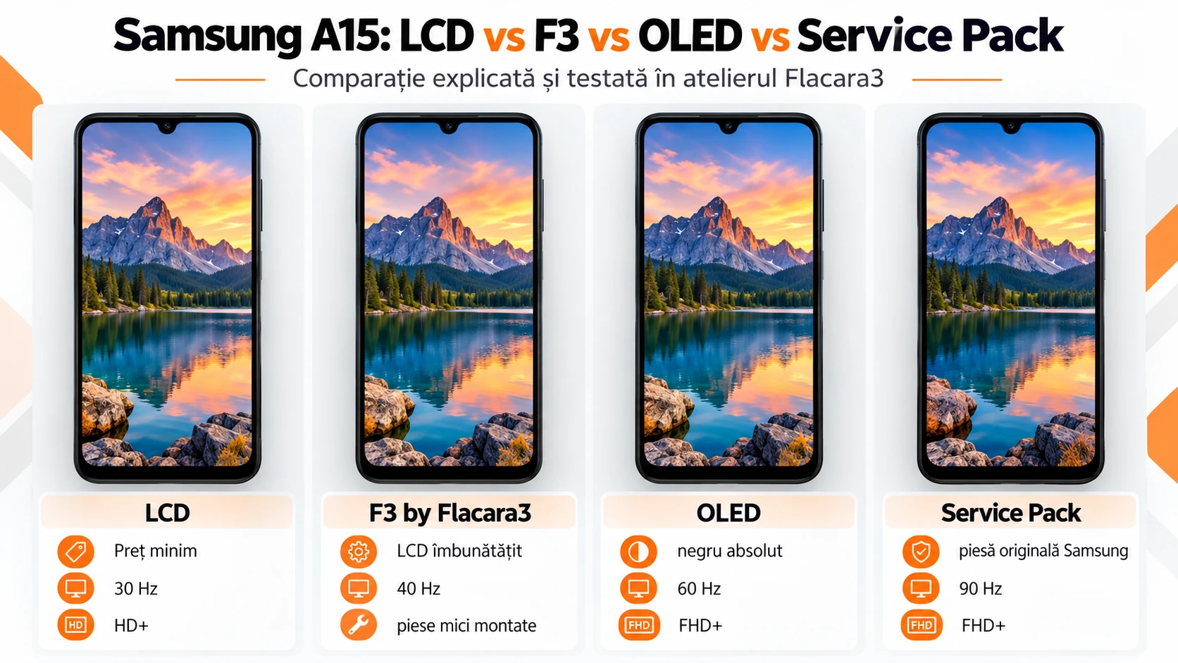 Display Samsung Galaxy A15: LCD vs F3 vs OLED vs Service Pack – diferențe și teste reale